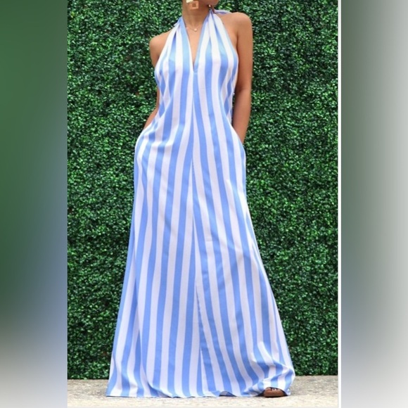 Light Blue Open Back Halter Tie Neck Zipper Closure Striped Detail Maxi Dress - Picture 4 of 17